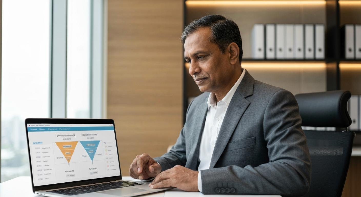 Tamil Nadu business owner reviewing website conversion analytics on laptop