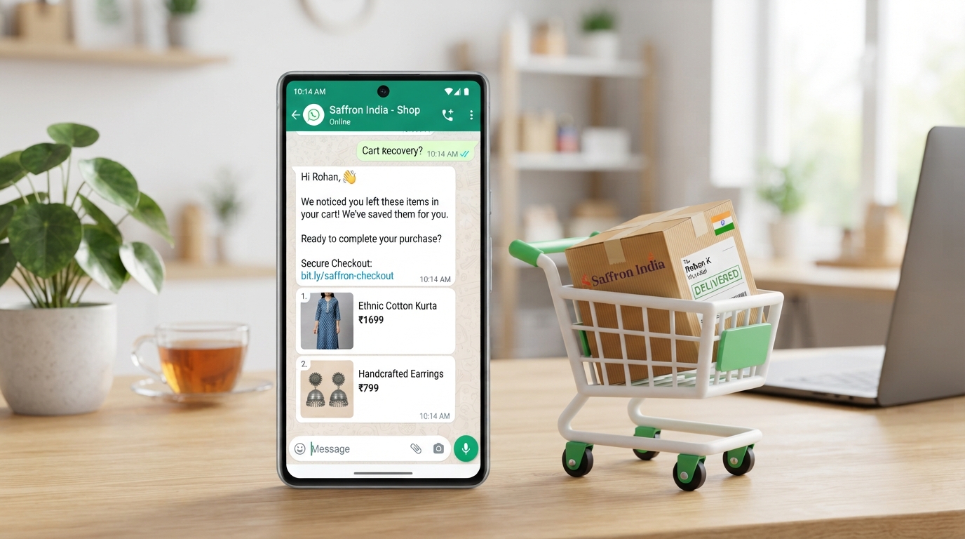 WhatsApp automation for D2C and e-commerce brands in India Smartphone showing a WhatsApp chat conversation with D2C abandoned cart recovery messages, product images, and a checkout link beside a shopping cart icon and delivery package
