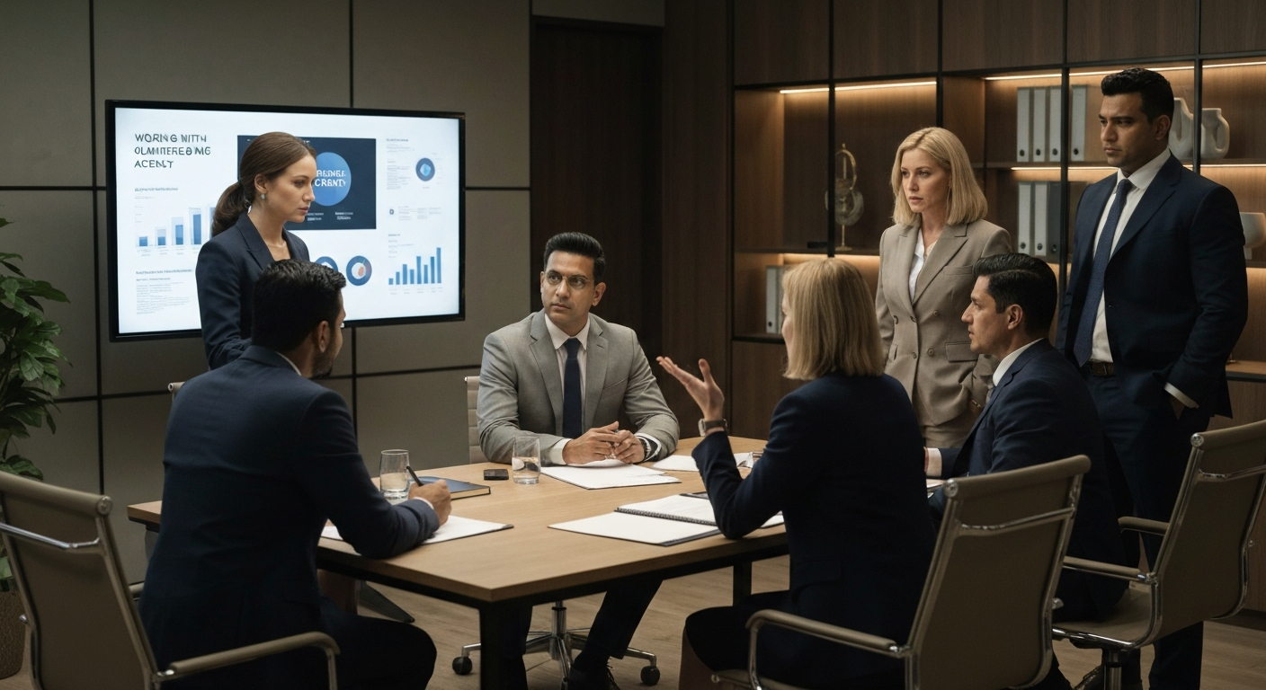 Professional business meeting comparing in-house marketing team versus agency