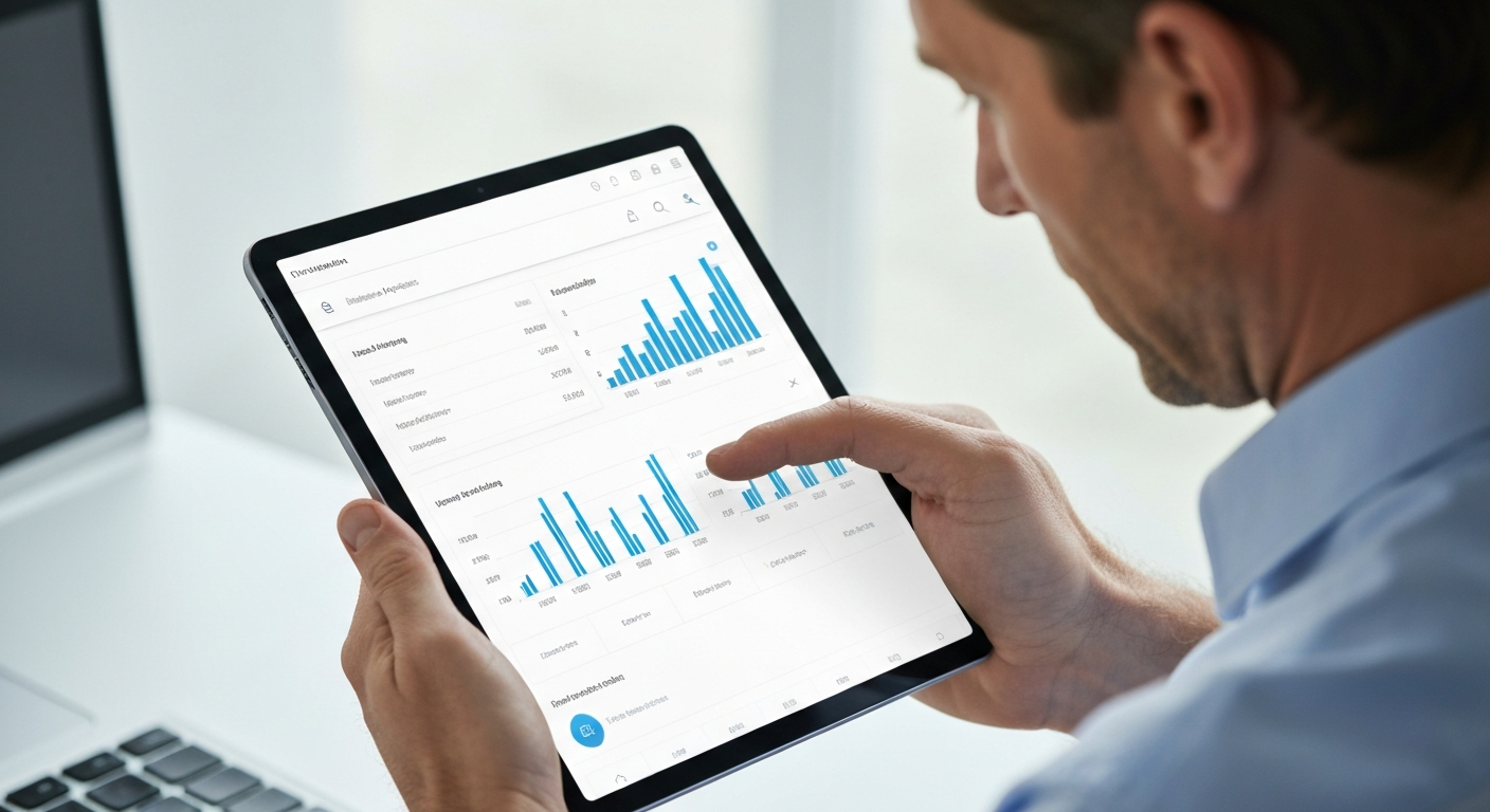 Business owner reviewing digital marketing analytics dashboard