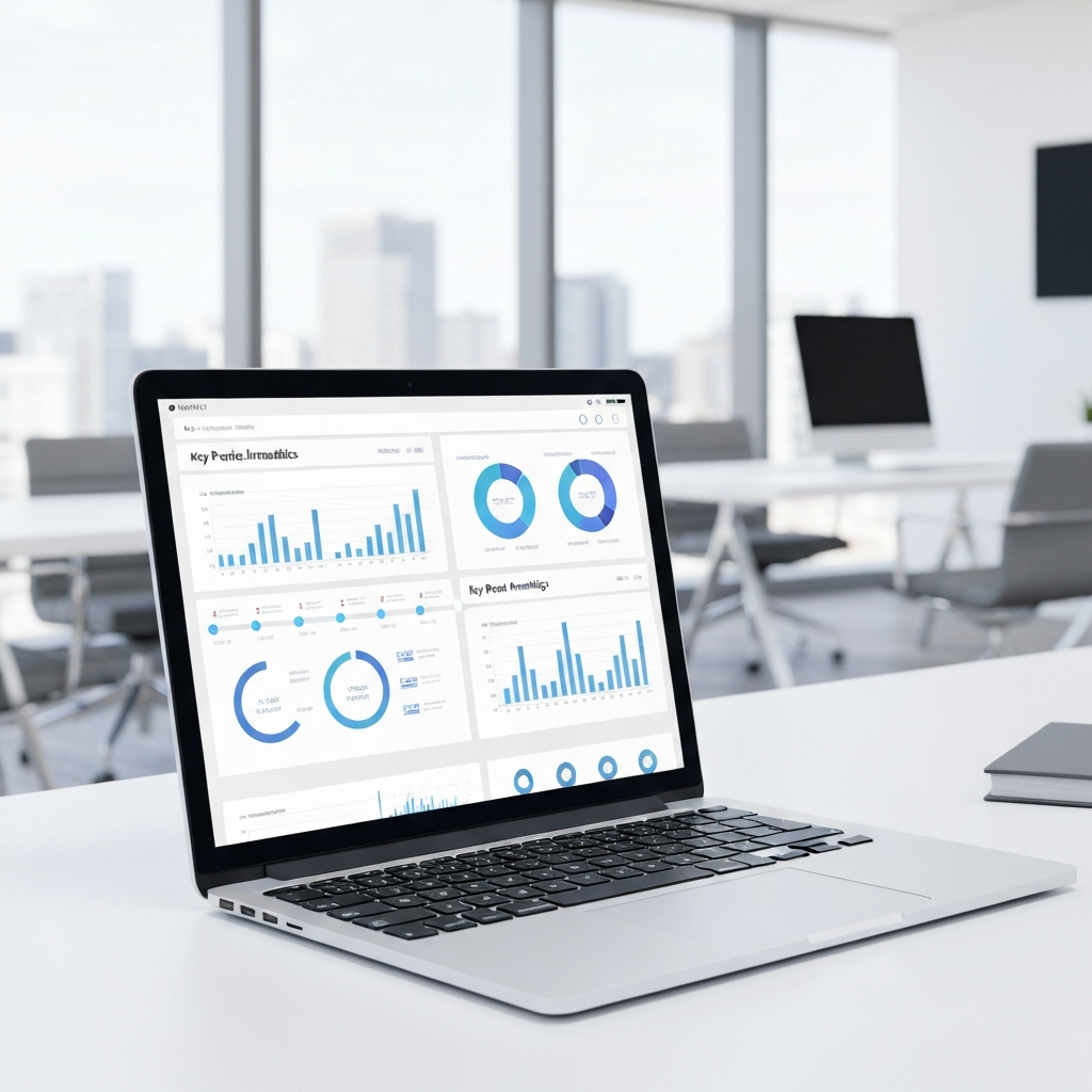 Marketing analytics dashboard on a laptop with a modern office backdrop