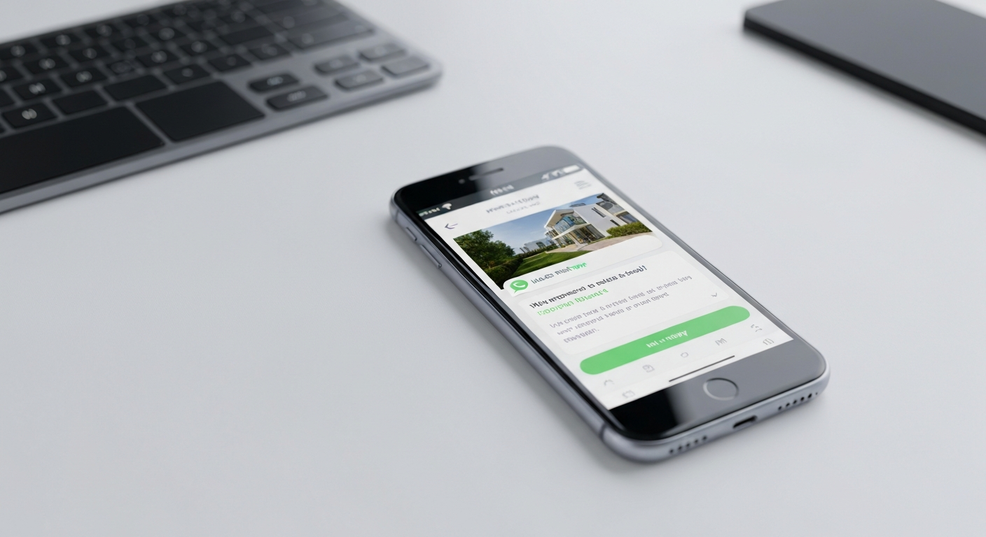 Smartphone displaying automated WhatsApp business response for real estate inquiry