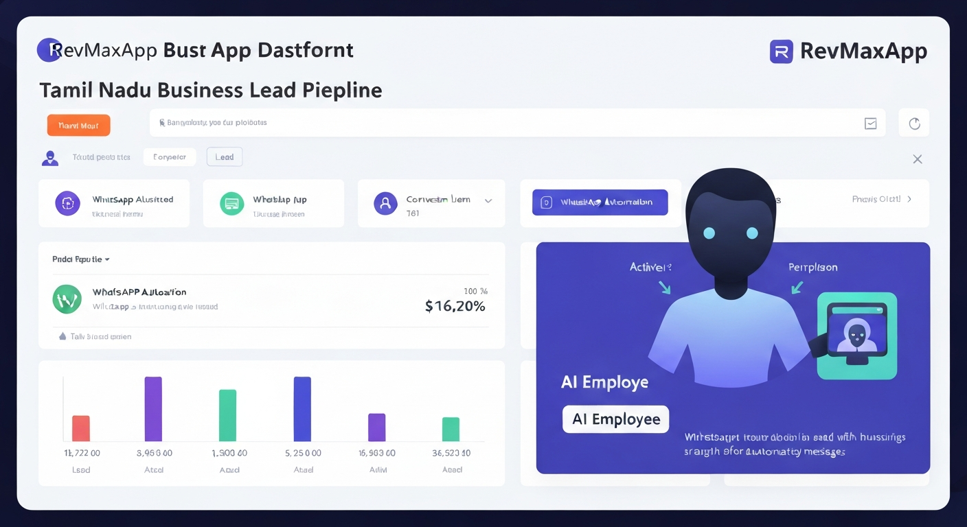 RevMaxApp platform dashboard showing Tamil Nadu business lead pipeline, WhatsApp automation, and AI Employee in action