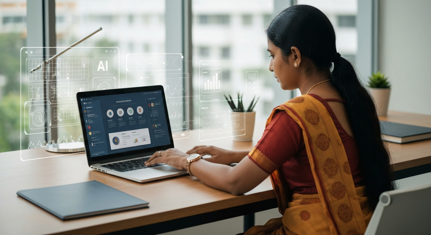 Small business owner in Tamil Nadu using AI digital marketing tools on laptop