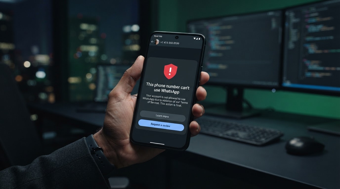 What to do when your WhatsApp Business number gets banned WhatsApp business number banned notification on a smartphone screen with a red warning shield