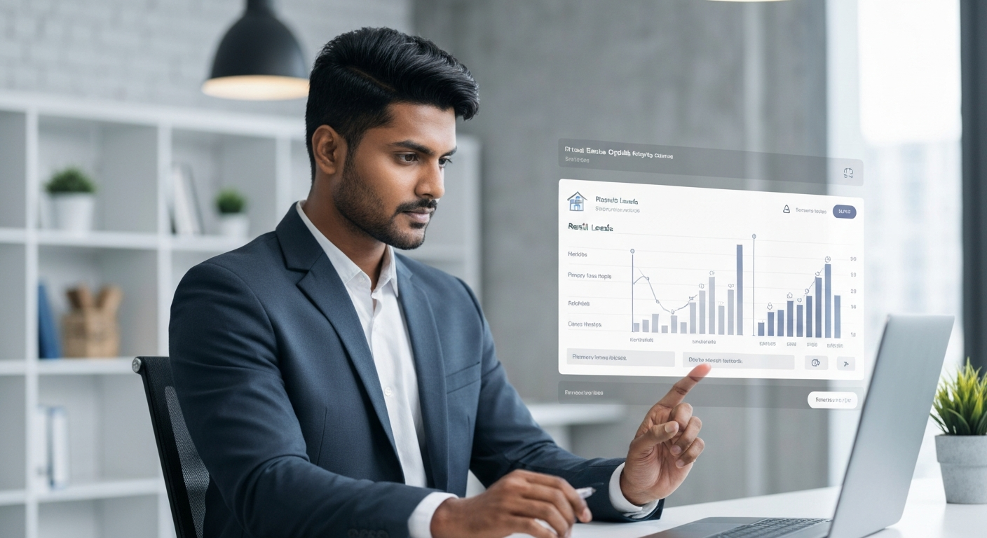Modern real estate office in Chennai with professionals discussing digital marketing strategies