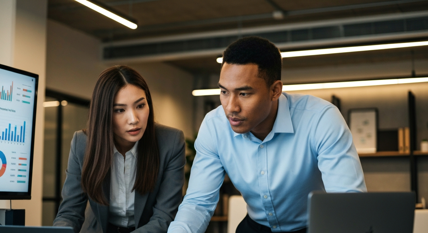 Business professionals in a modern office analyzing pipeline data and sales metrics