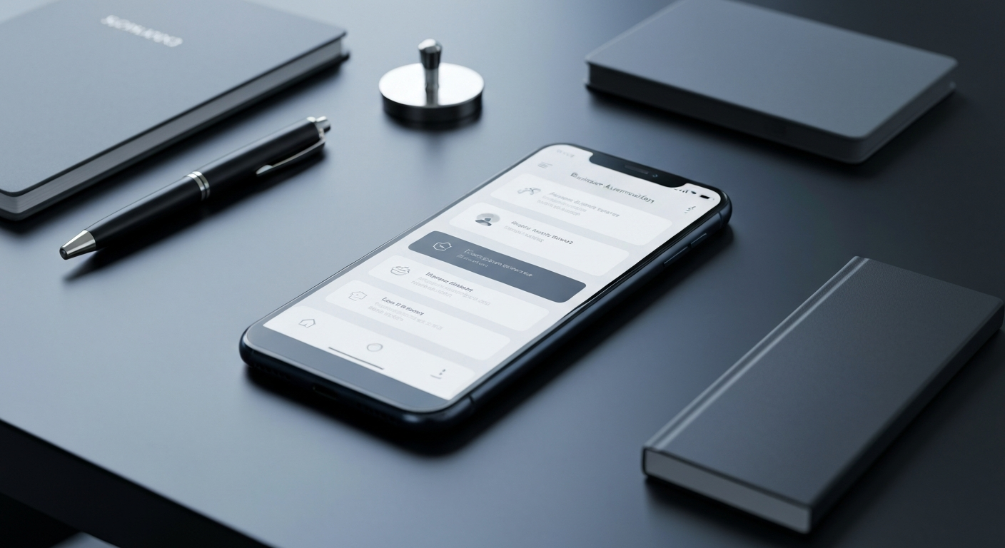 Modern smartphone showing business automation messages on a sleek office desk