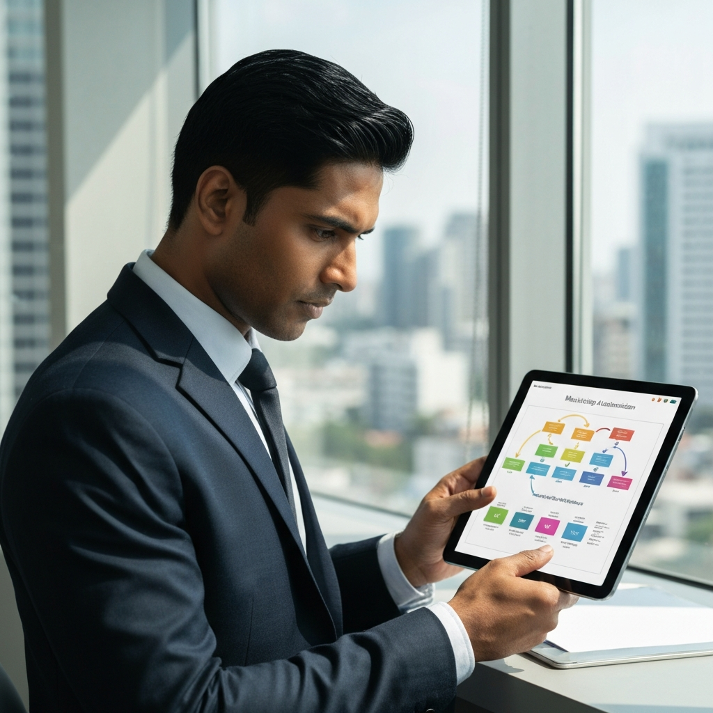 Business owner in Chennai looking at marketing automation dashboard