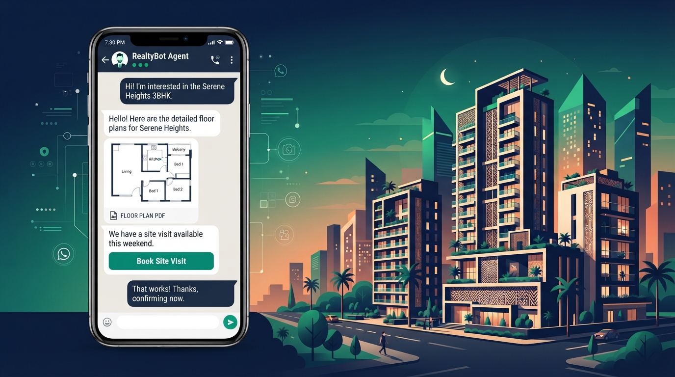 Smartphone showing a WhatsApp property chat with floor plans and a book site visit button beside an Indian apartment skyline