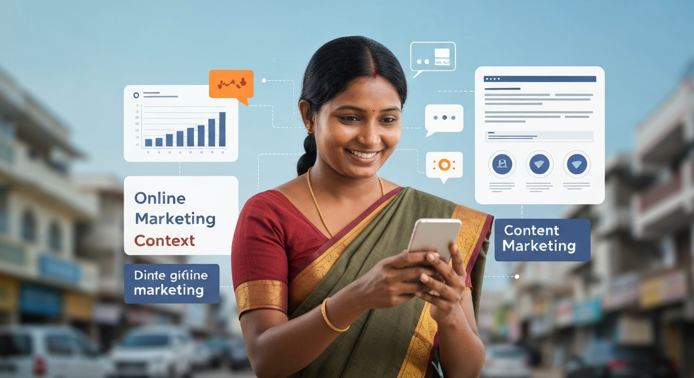 Small business owner in Tamil Nadu using smartphone for online marketing