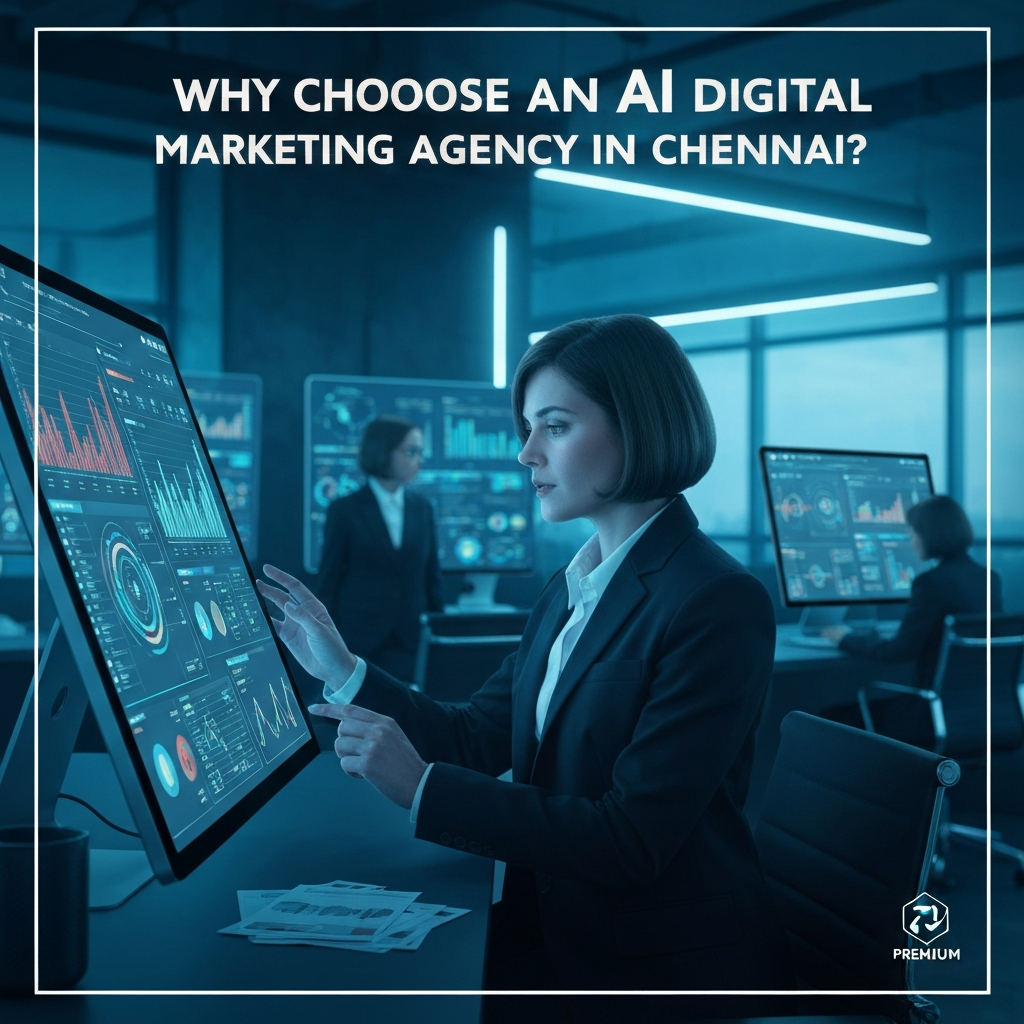 Why Choose an AI Digital Marketing Agency in Chennai? A business owner in Chennai exploring AI digital marketing solutions on a high-tech dashboard