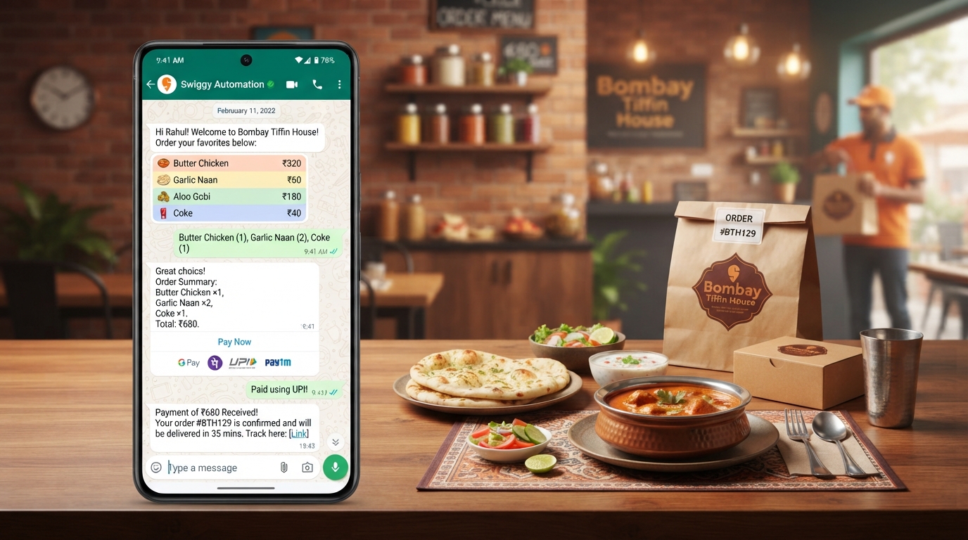 Smartphone showing a WhatsApp chat conversation taking a food order with menu items, UPI payment link, and delivery confirmation beside a restaurant table with food and a delivery package