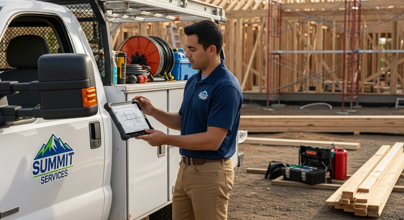 Contractor reviewing plans on job site