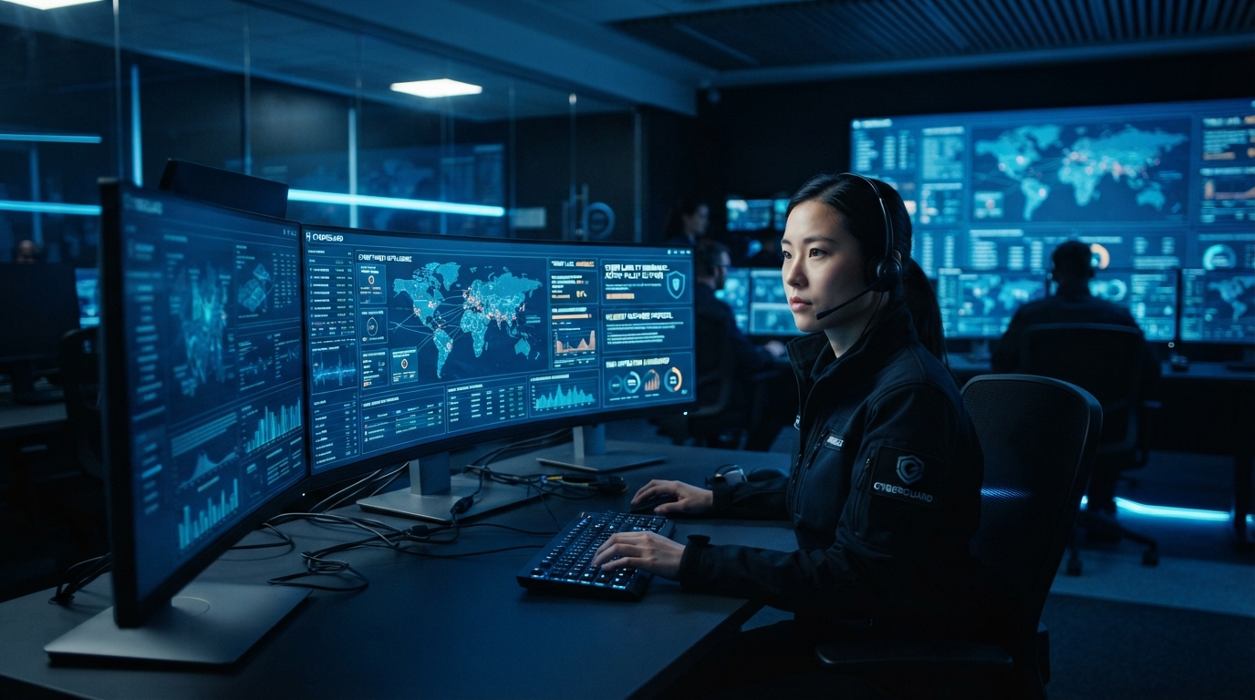 Cybersecurity professional monitoring digital data representing cyber liability insurance for Illinois businesses