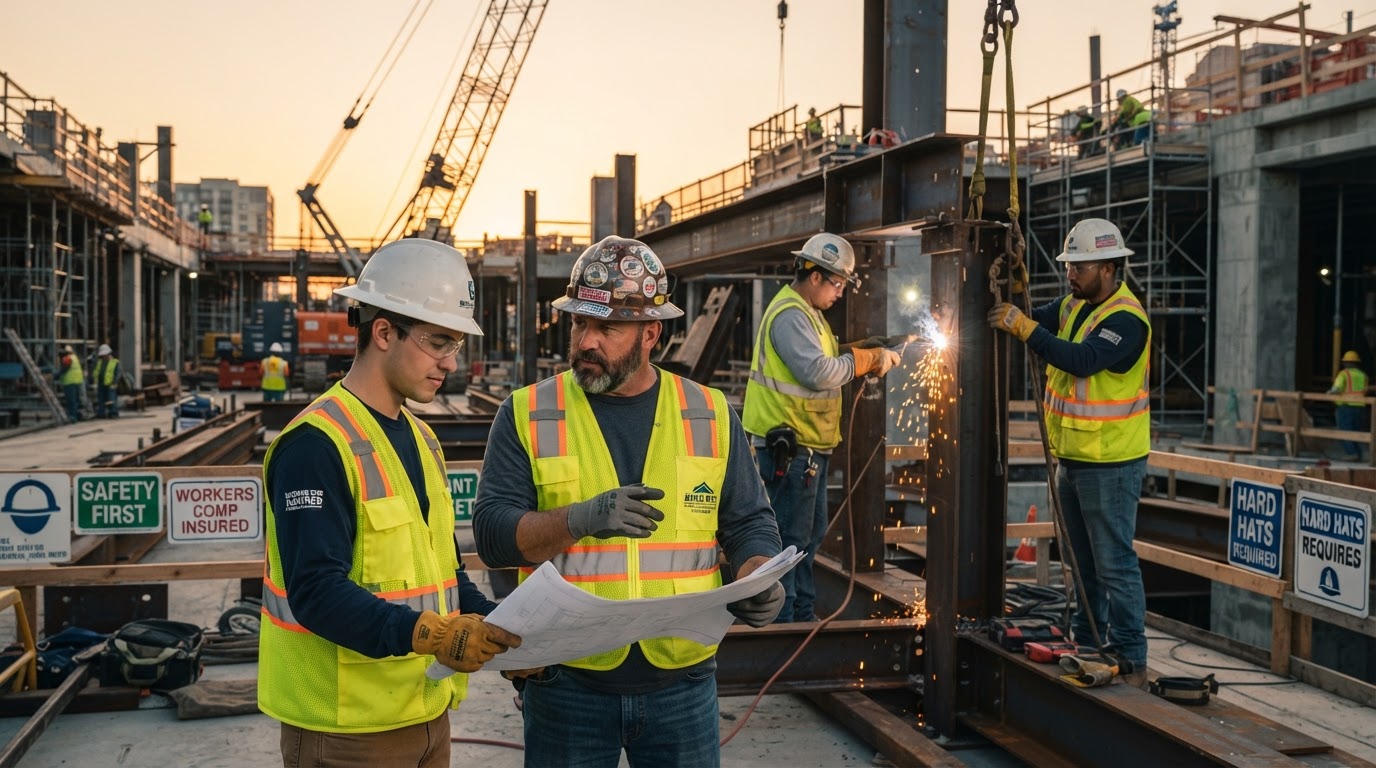 Construction workers in safety gear on a job site protected by workers compensation insurance in Illinois
