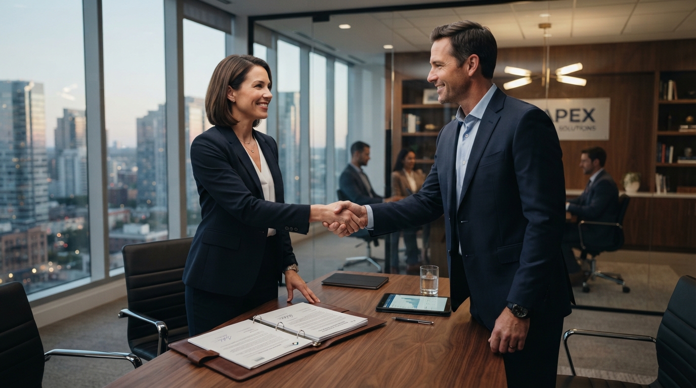 Business professionals shaking hands representing general liability insurance coverage in Illinois