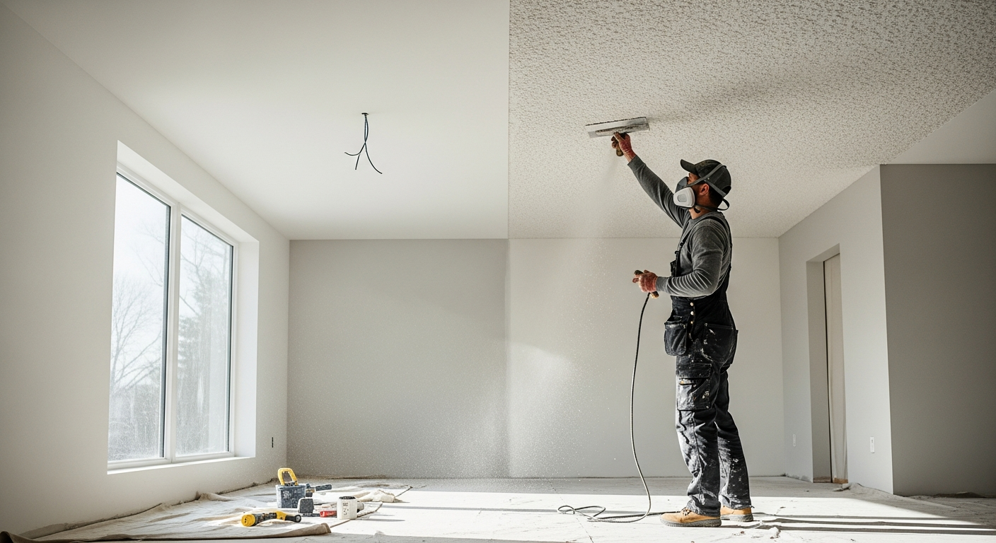 Professional contractor removing popcorn ceiling