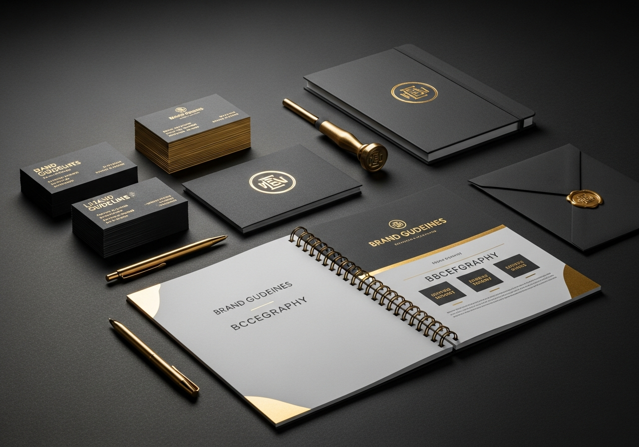 Brand collateral flat lay, business cards, guidelines and logo stamp