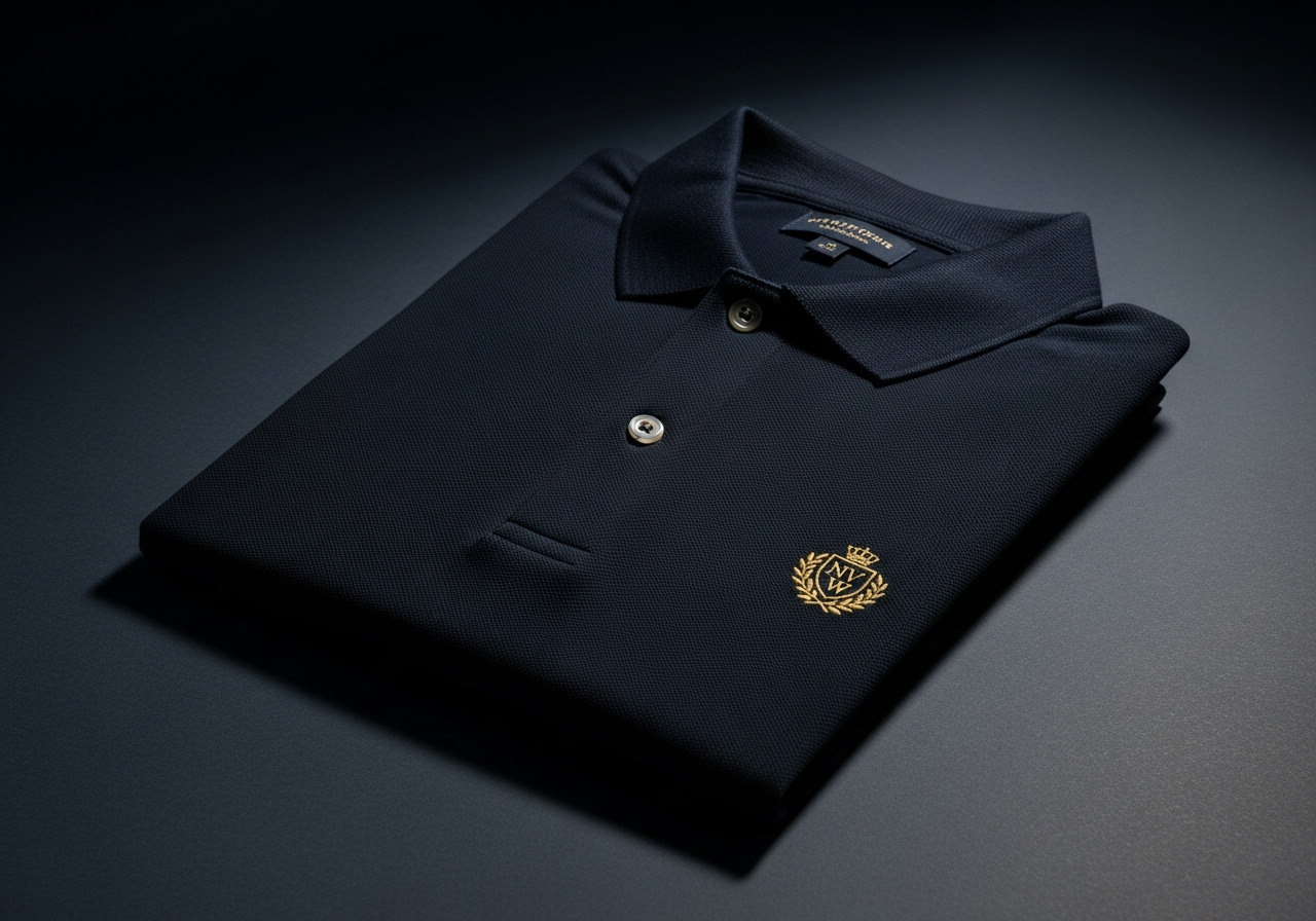 Dark polo shirt with embroidered gold logo on dark background