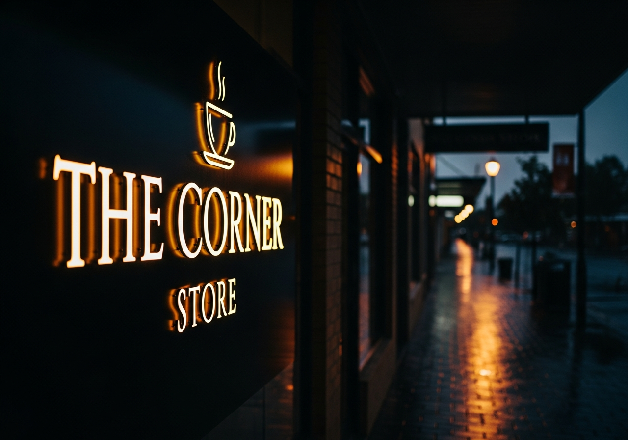 Illuminated shopfront sign at dusk with warm gold light