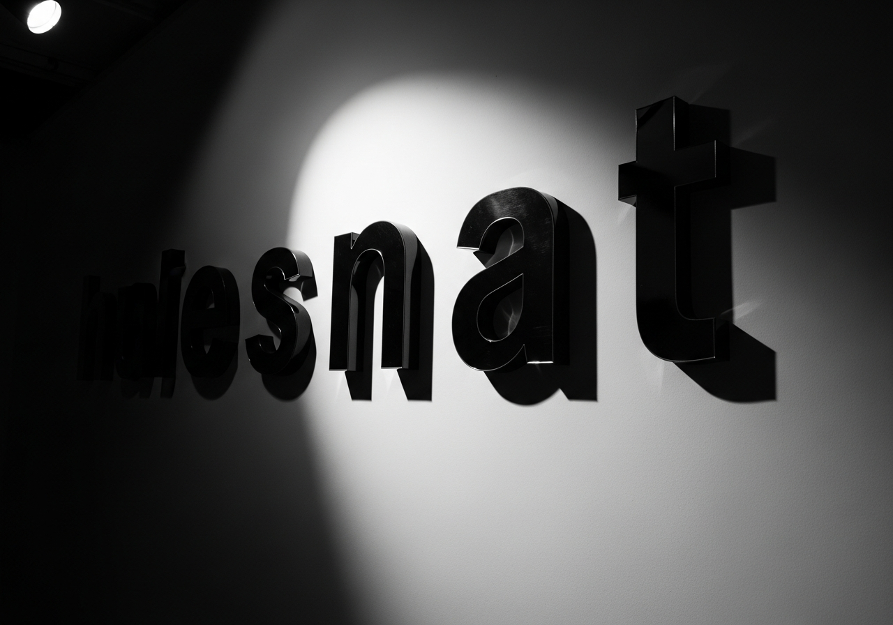 Large gloss black 3D letters mounted on wall with dramatic lighting