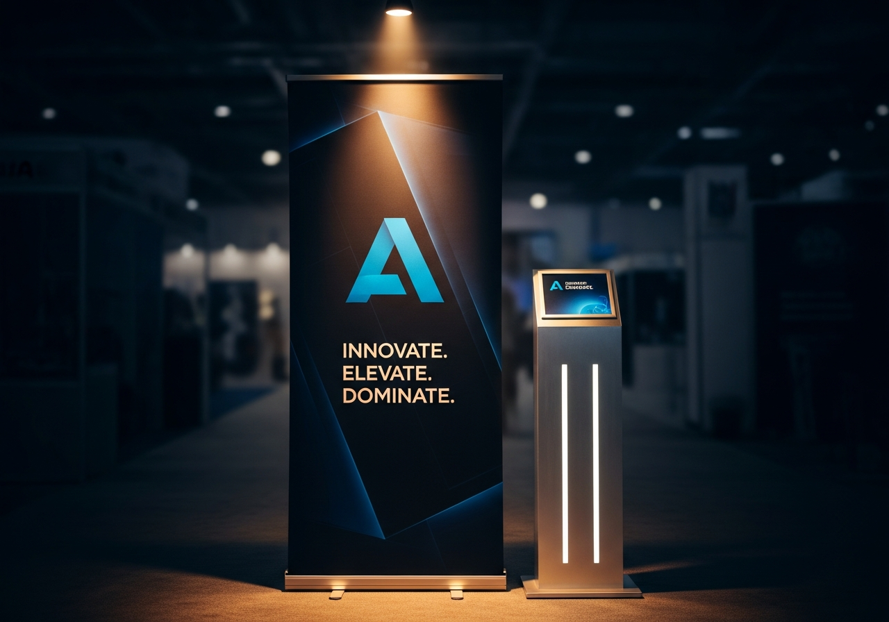 Bold pull-up banner display at a dark trade show with warm spotlight
