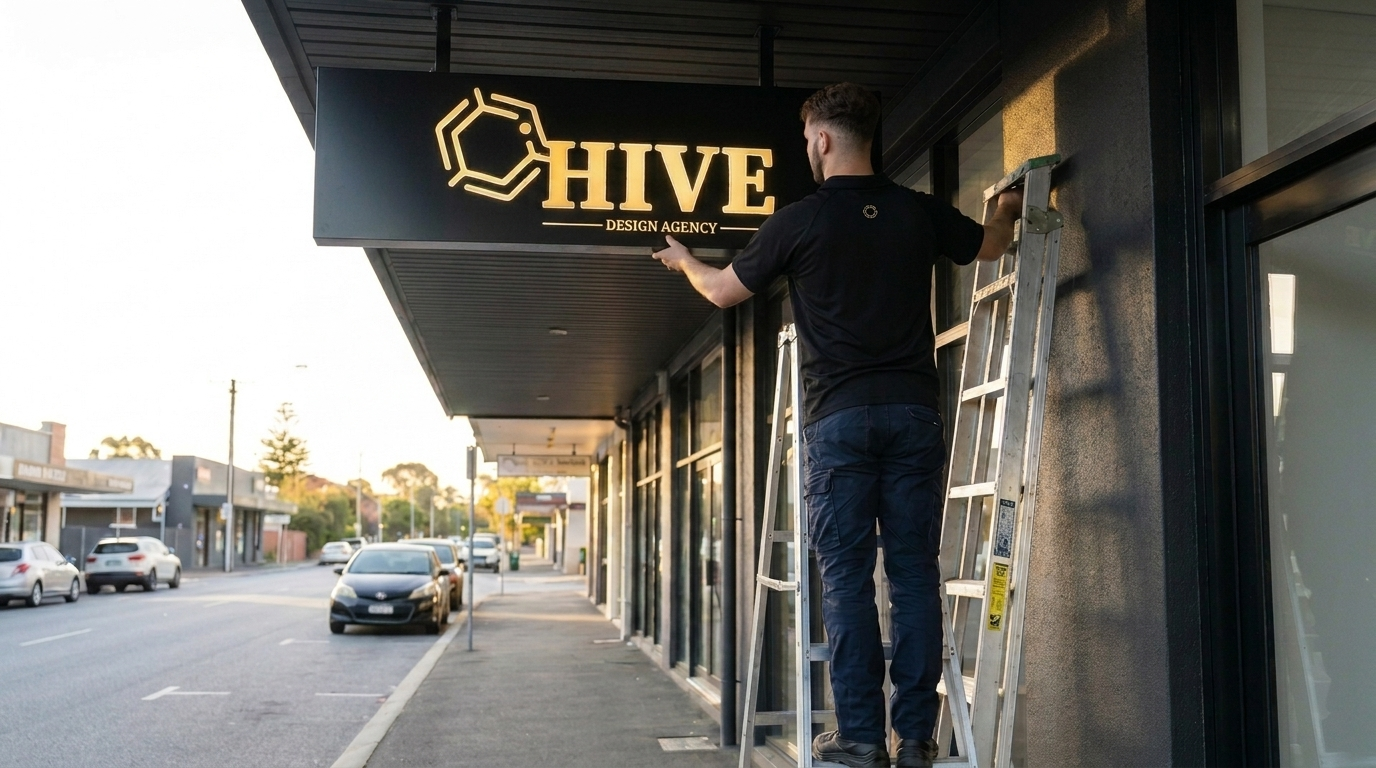 Hive Design Agency tradesperson installing illuminated shopfront sign in Perth