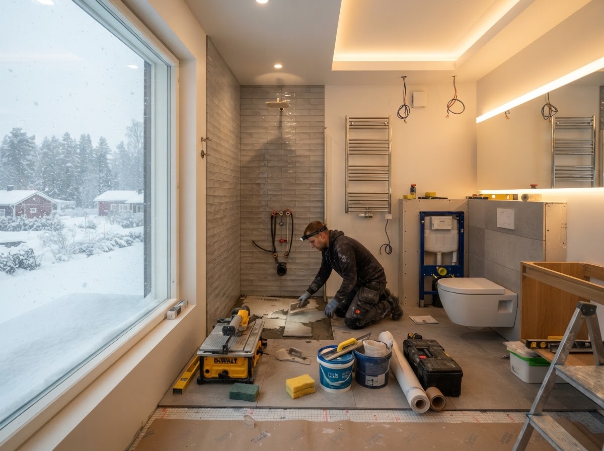Kylpyhuoneremontti talvella lämpimissä sisätiloissa