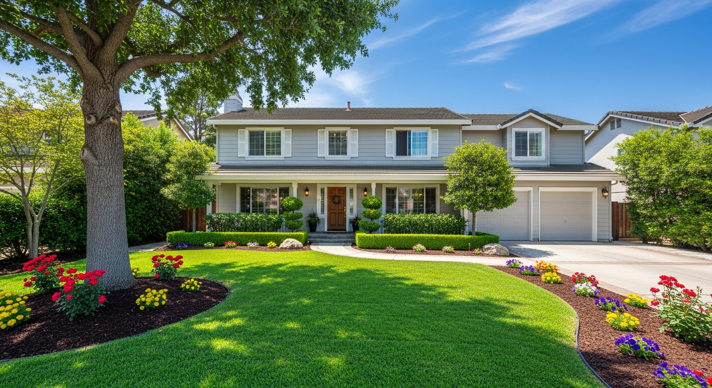 Beautiful suburban house with manicured lawn