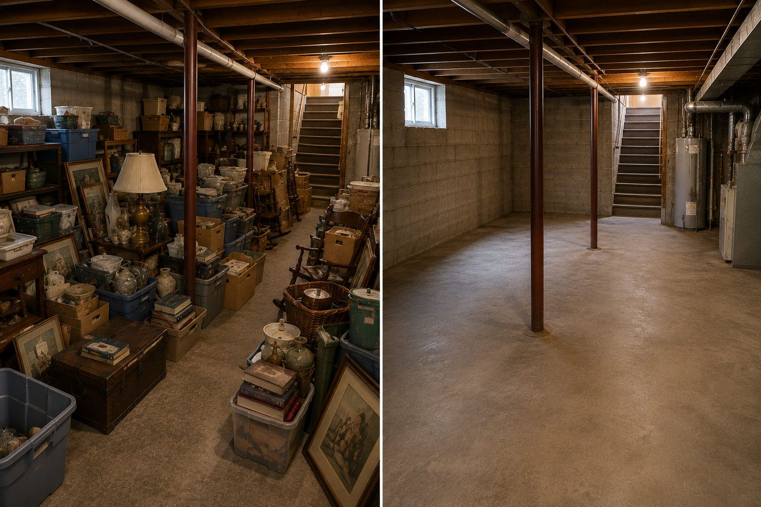 Before and After Cleanout Basement