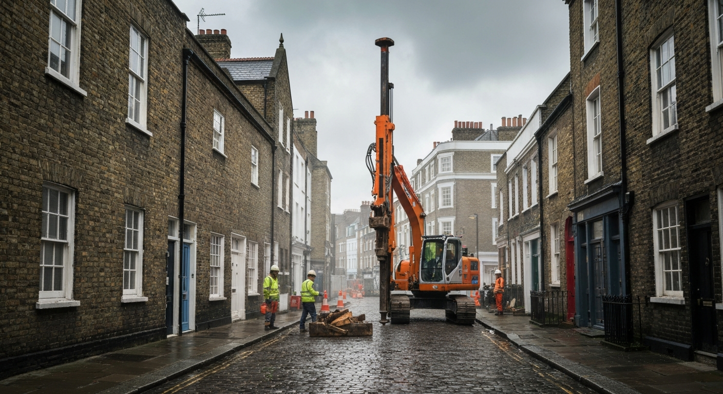 Mini piling rig on a restricted-access Bristol residential site