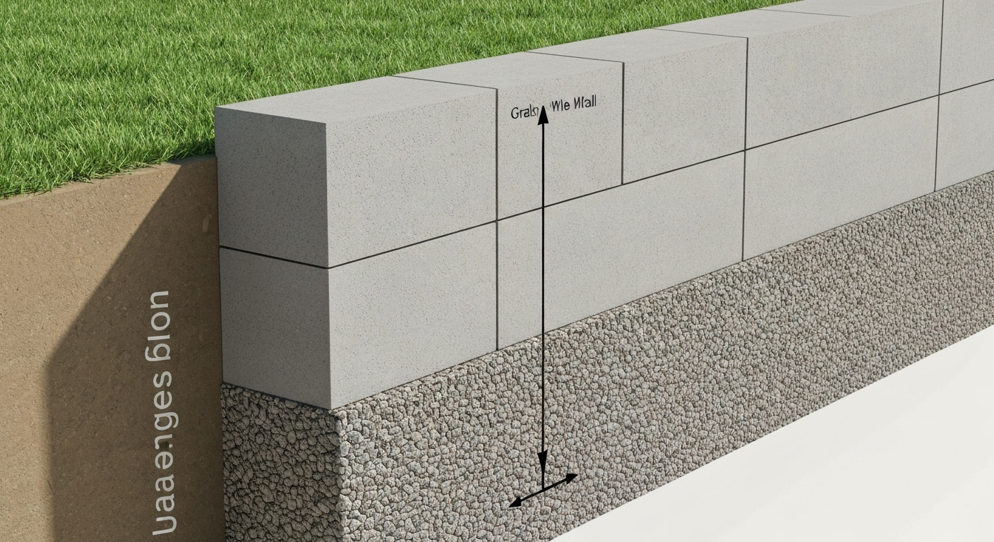 A retaining wall cross-section showing gravel base, drainage stone, and block
