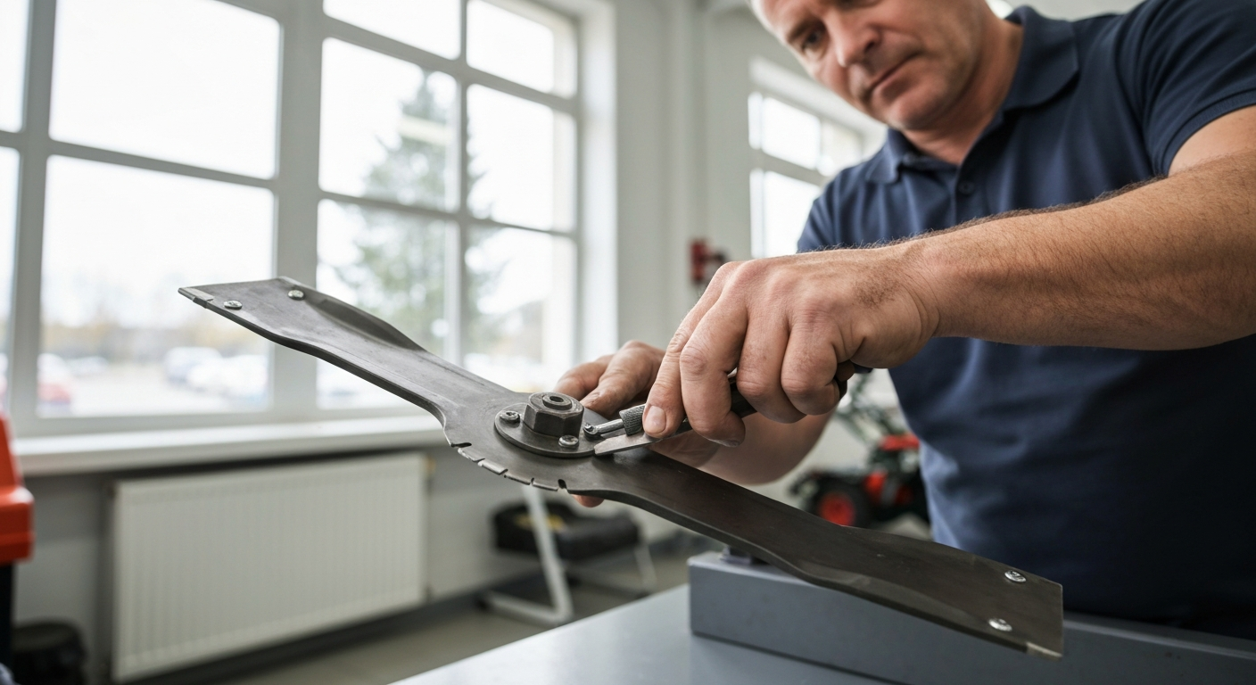 Lawn mower blade being sharpened on a workbench