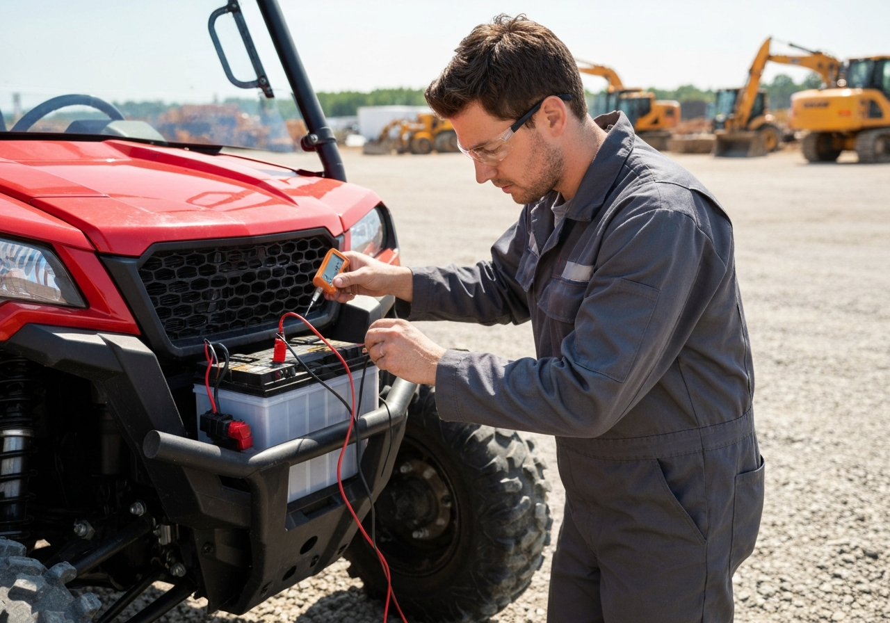 Technician testing UTV battery and charging system
