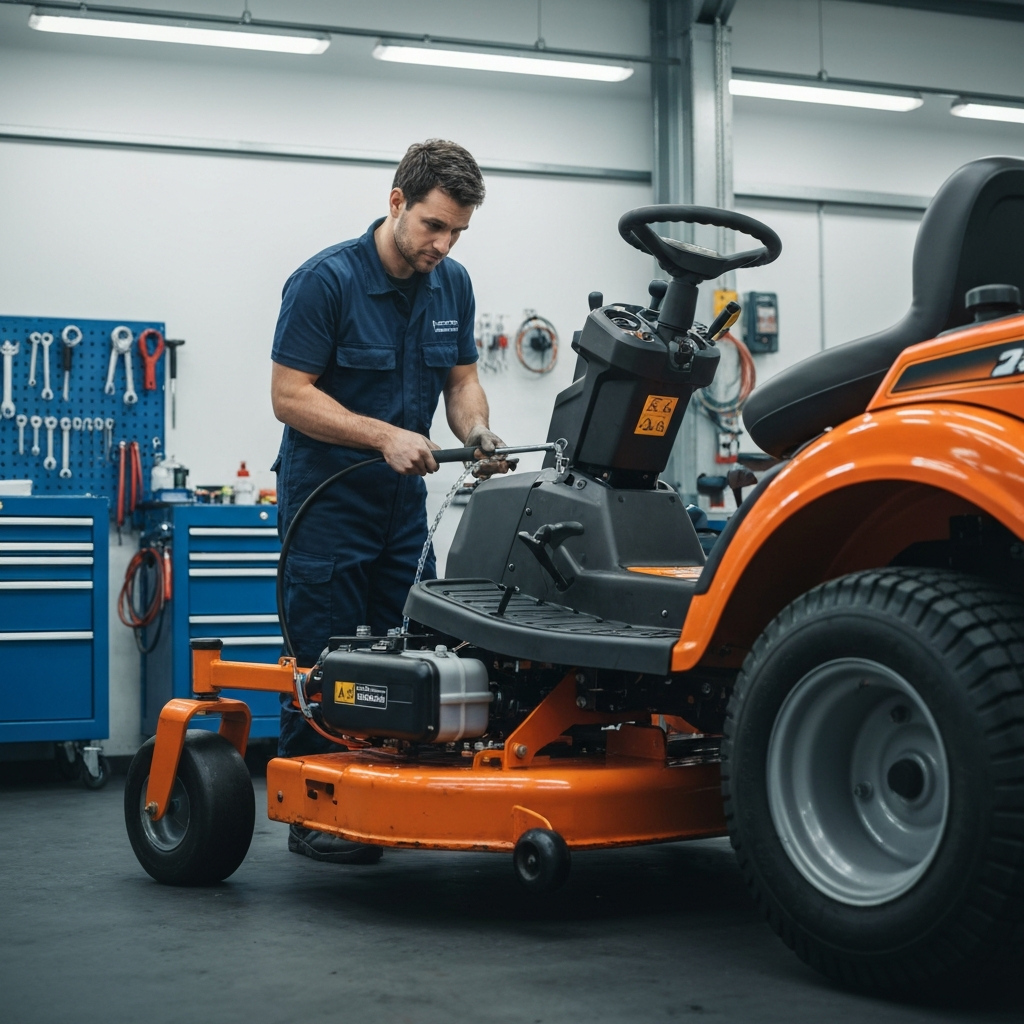 Hydro fluid being drained and replaced on a riding mower in a repair shop