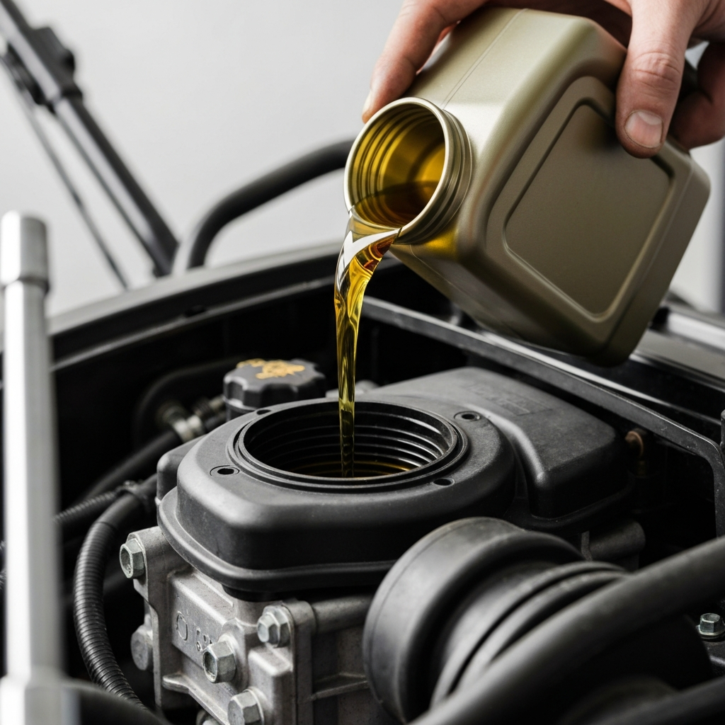 Fresh oil being poured into a mower engine