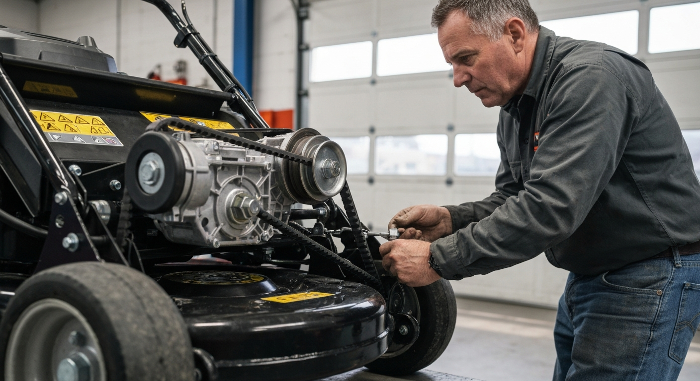 Self-propelled drive cable and belt being checked on a walk-behind mower
