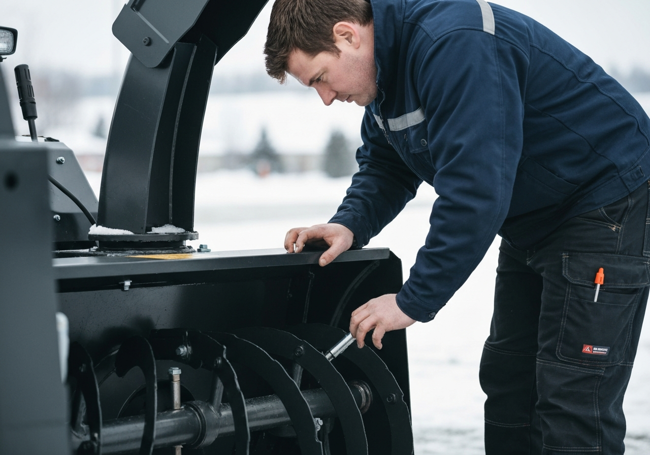 The auger and shear pins on a snow blower being inspected by a technician