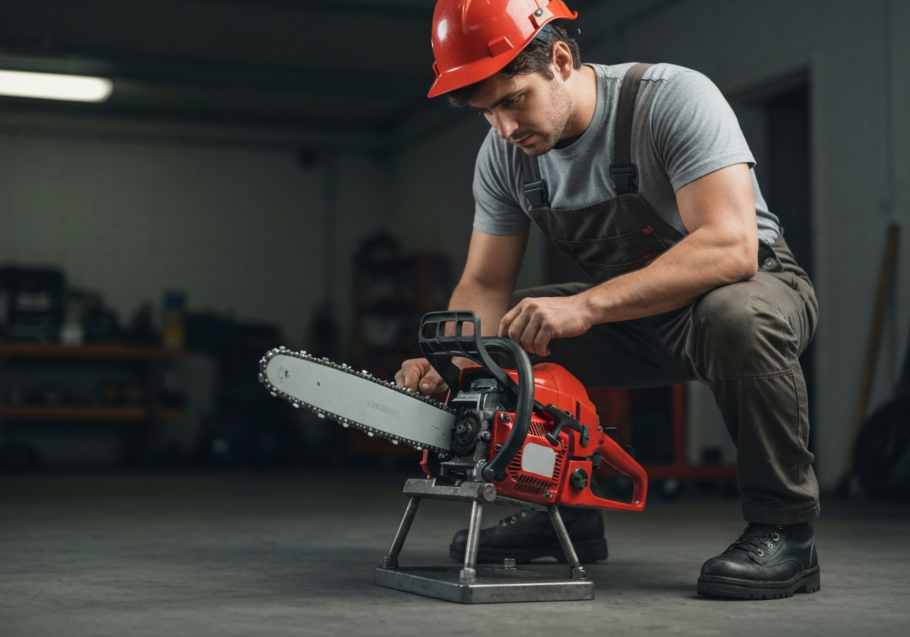 A technician checking the bar, chain tension, and sprocket on a chainsaw