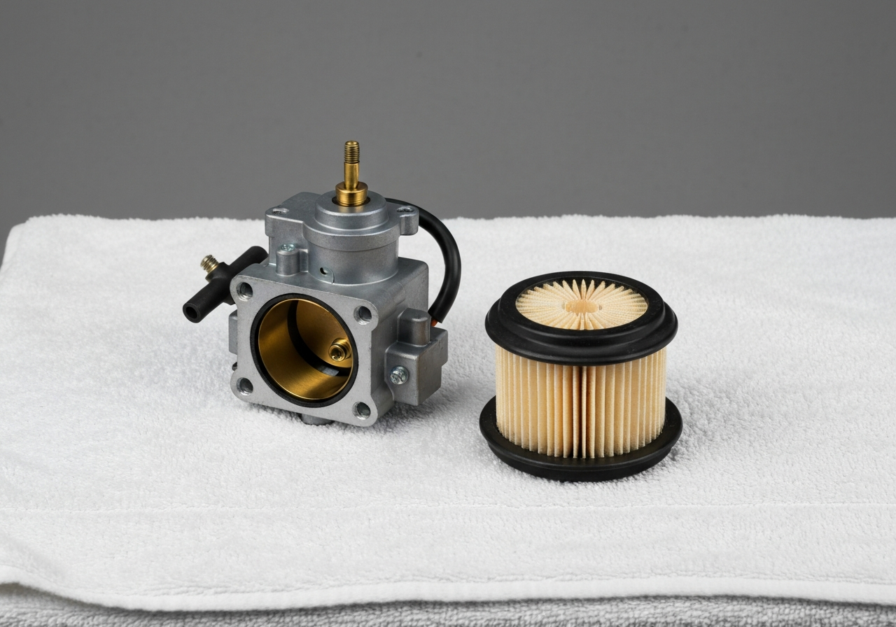 A chainsaw carburetor and air filter removed and laid on a clean shop towel