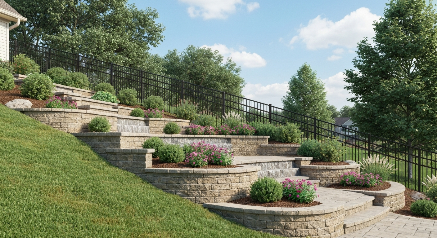 A sloped yard improved with a finished retaining wall