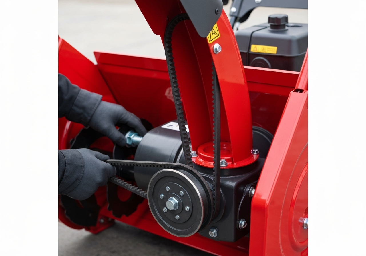 A drive belt and friction wheel inspection on a snow blower