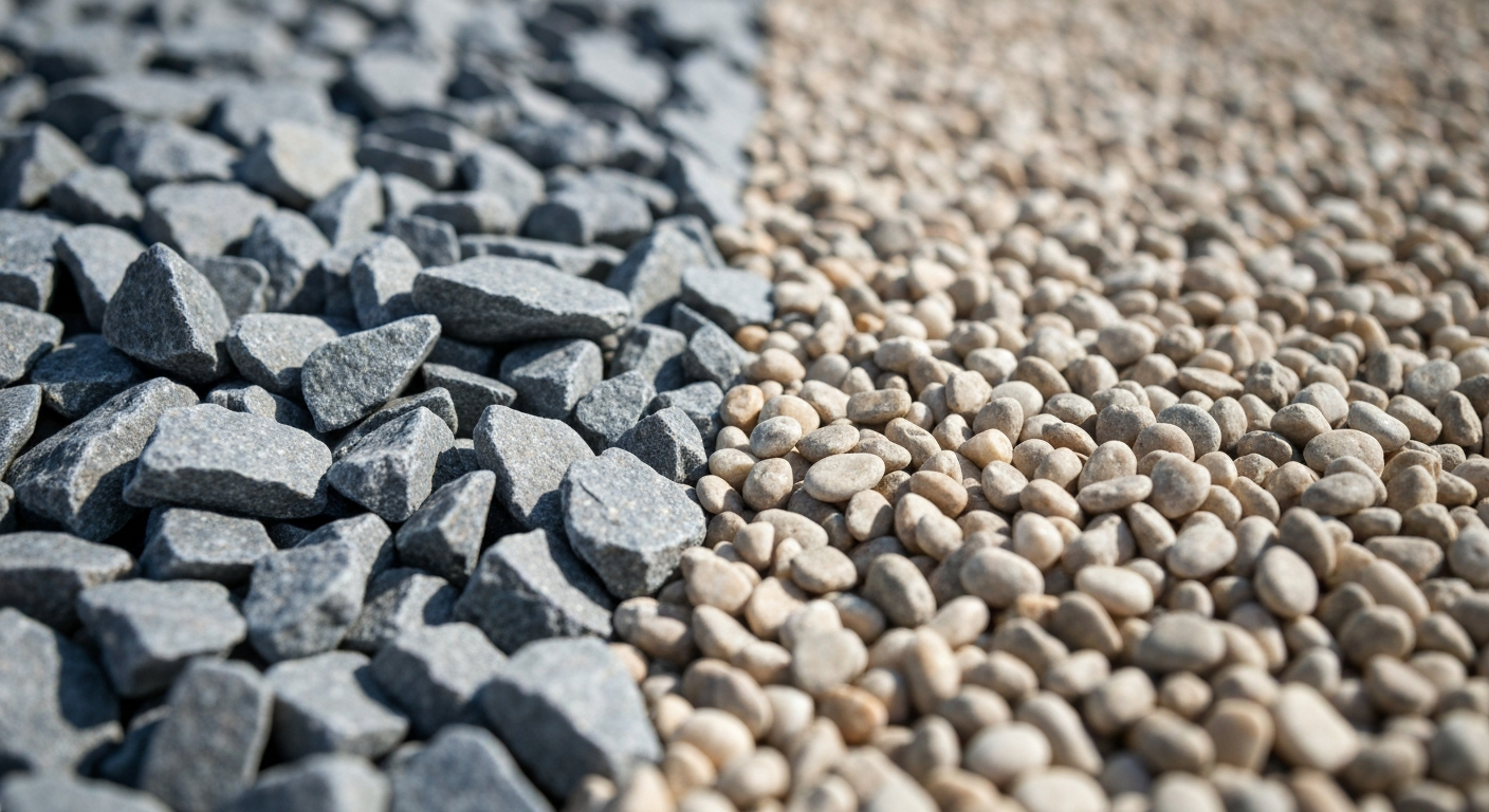 Close-up comparison of angular crushed stone versus rounded pea gravel