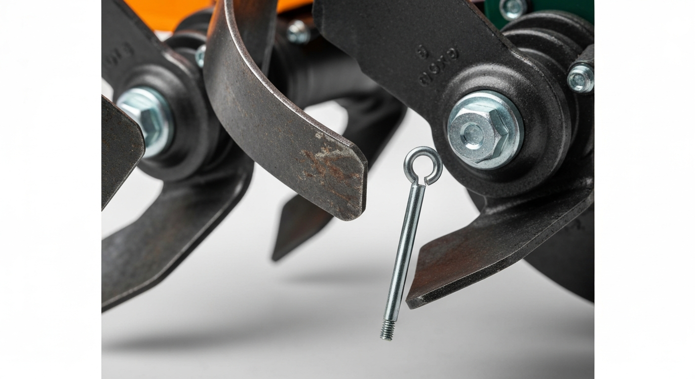 Tiller tines and a shear pin being inspected