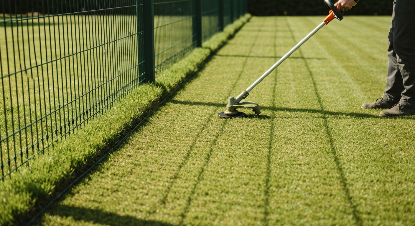 String trimmer edging a fence line