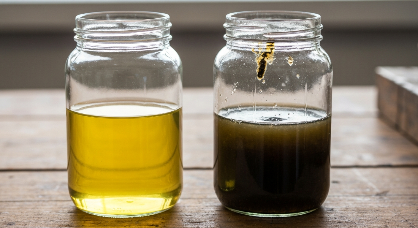 Clean fuel vs old stale fuel in glass jars side by side