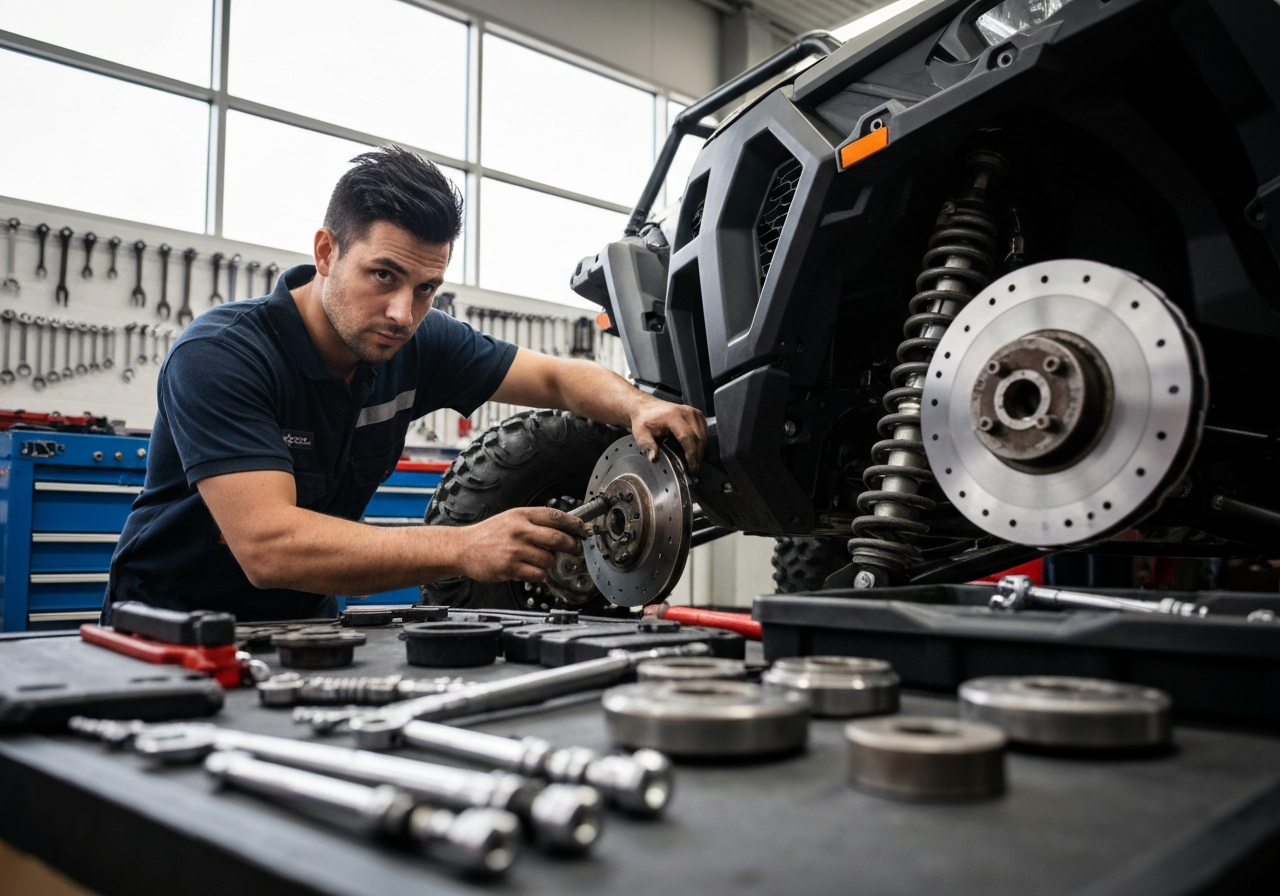 Brake and cooling-system inspection on a side-by-side