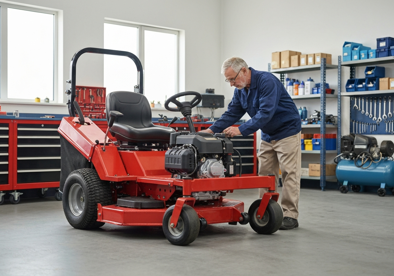 Commercial stand-on mower being serviced in repair shop