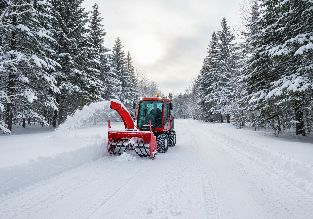 A snow blower clearing a deep snowy driveway